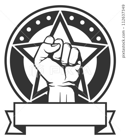 Strength symbol. Powerful human fist raising emblem Strength symbol. Powerful human fist raising emblem 112637349