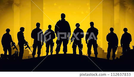 Soldiers in Sunrise Silhouette - Generative AI 112637833