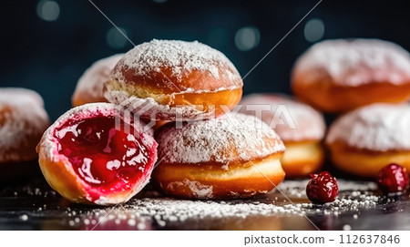 Sufganiyot Donuts with Jam Filling for Hanukkah Celebration - Generative AI 112637846