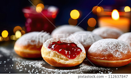 Joyful Hanukkah Tradition: Sufganiyot Donuts with Jam - Generative AI 112637847