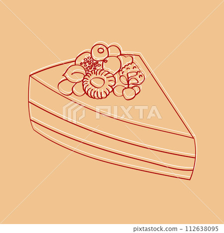A hand-drawn illustration of a slice of cake with berries adorning the top. The cake is detailed with layers and frosting, while the berries add a touch of elegance to the sweet treat A hand-drawn illustration of a slice of cake with berries adorning the top. The cake is detailed with layers and frosting, while the berries add a touch of elegance to the sweet treat 112638095
