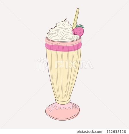 Milkshake topped with fluffy whipped cream and fresh strawberries. The illustration showcases the creamy texture of the shake and the vibrant red color of the berries Milkshake topped with fluffy whipped cream and fresh strawberries. The illustration showcases the creamy texture of the shake and the vibrant red color of the berries 112638128