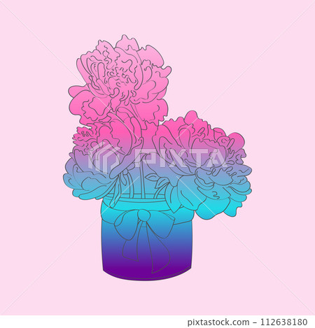 A vase sits on a table filled with a colorful arrangement of pink and blue peonies. The flowers look fresh and vibrant 112638180