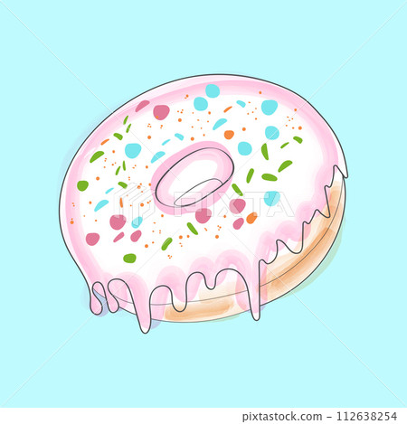A freshly baked donut with colorful icing and sprinkles sit on a vibrant blue background. The sweet treat looks delicious and ready to be enjoyed 112638254