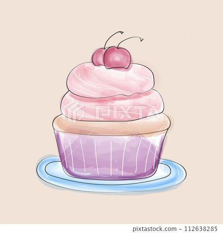 A hand-drawn watercolor illustration of a cupcake topped with a bright red cherry. The cupcake is intricately decorated with swirls of frosting and sprinkles A hand-drawn watercolor illustration of a cupcake topped with a bright red cherry. The cupcake is intricately decorated with swirls of frosting and sprinkles 112638285