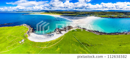 Aerial view of the Inishkeel and the awarded Narin Beach by Portnoo, County Donegal, Ireland 112638382
