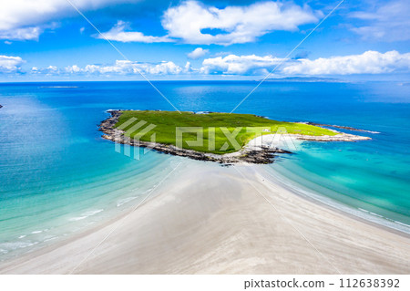 Aerial view of the Inishkeel and the awarded Narin Beach by Portnoo, County Donegal, Ireland 112638392