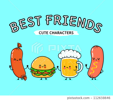 Cute, funny happy glass of beer, sausage with mustard and hamburger. Vector hand drawn cartoon kawaii characters, illustration icon. Funny happy glass of beer sausage with mustard hamburger friends 112638646