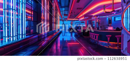 Neon lights illuminate sleek, retro-futuristic cityscapes, merging vintage 60s fashion with sci-fi elements in a timeless celebration of design high resolution DSLR Neon lights illuminate sleek, retro-futuristic cityscapes, merging vintage 60s fashion with sci-fi elements in a timeless celebration of design high resolution DSLR 112638951