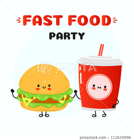 Cute happy hamburger cola card. Vector hand drawn doodle style cartoon character illustration icon design. Happy hamburger cola friends concept card Cute happy hamburger cola card. Vector hand drawn doodle style cartoon character illustration icon design. Happy hamburger cola friends concept card 112638996