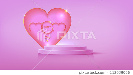 Mothers Day banner, 3d stage podium decorated with gold heart shape. Pedestal scene for product, advertising, show, mom ceremony, isolated on pink background. Minimal style. Vector illustration Mothers Day banner, 3d stage podium decorated with gold heart shape. Pedestal scene for product, advertising, show, mom ceremony, isolated on pink background. Minimal style. Vector illustration 112639066