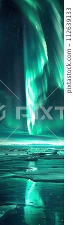 Aurora Borealis over an icy tundra polar animals silhouetted 112639133
