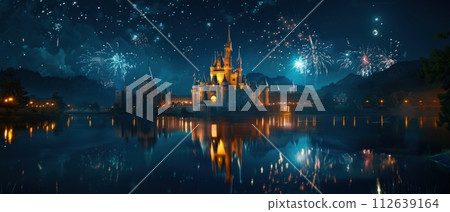 Fairy Tale Castle reflected in a crystal lake starry night 112639164