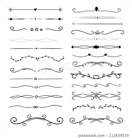 Header divider swirl doodle ethnic border separator flourish collection isolated on white background. embelish ornament 112639570