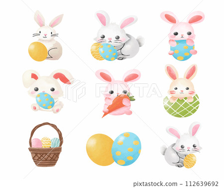 Collection of bunny and Easter eggs set on white. 112639692