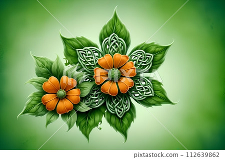 unusual orange flower with green foliage unusual orange flower with green foliage 112639862