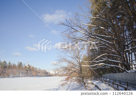 The branches of an oak tree over a frozen river. 112640126
