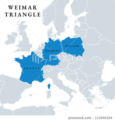 Weimar Triangle member states, political map. Regional alliance of France, Germany and Poland, created in 1991 in the German city of Weimar, to promote cross-border cooperation between the countries. Weimar Triangle member states, political map. Regional alliance of France, Germany and Poland, created in 1991 in the German city of Weimar, to promote cross-border cooperation between the countries. 112640164