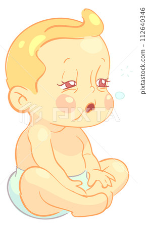 Tired sick baby sit in diaper. Cartoon toddler 112640346