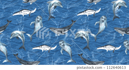 Dolphins and Whales watercolor, nature background, seamless pattern. Hand drawn illustration. For fabric, textile, wallpapers, design. 112640613