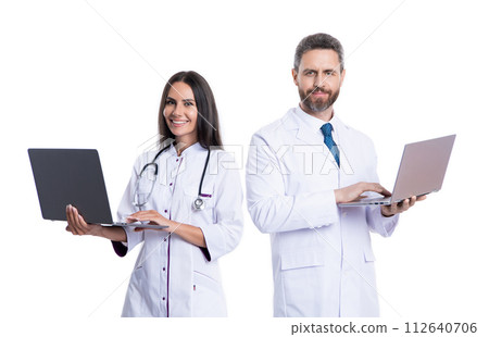 happy doctor and nurse online isolated on white. emedicine with doctor with nurse online happy doctor and nurse online isolated on white. emedicine with doctor with nurse online 112640706