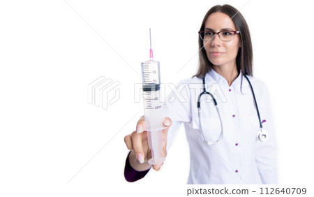 selective focus of syringe. medical doctor do injection with syringe isolated on white background selective focus of syringe. medical doctor do injection with syringe isolated on white background 112640709