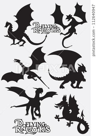 Set black stylized vector illustrations of dragons flying silhouettes element design Set black stylized vector illustrations of dragons flying silhouettes element design 112640947