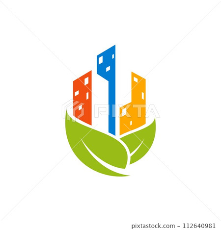 Colorful building and green leaf for business real estate company Colorful building and green leaf for business real estate company 112640981