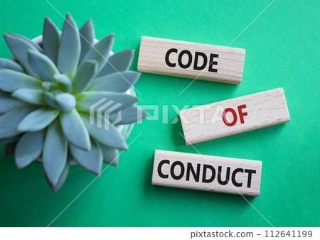 Code of conduct symbol. Wooden blocks with words Code of conduct. Beautiful green background with succulent plant. Business and Code of conduct concept. Copy space. Code of conduct symbol. Wooden blocks with words Code of conduct. Beautiful green background with succulent plant. Business and Code of conduct concept. Copy space. 112641199