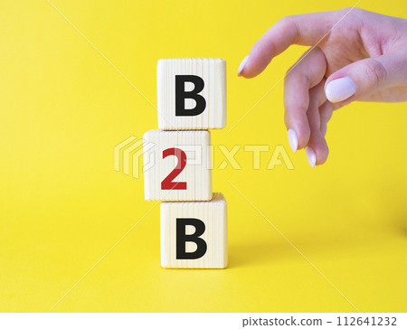 B2B, business to business marketing symbol. Concept word B2B on wooden blocks. Beautiful yellow background. Businessman hand. Business and B2B concept. Copy space B2B, business to business marketing symbol. Concept word B2B on wooden blocks. Beautiful yellow background. Businessman hand. Business and B2B concept. Copy space 112641232