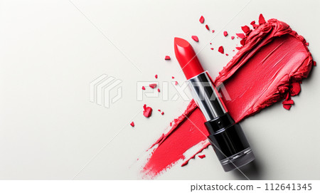 Vibrant red matte lipstick with glossy finish on white background for bold makeup look. Vibrant red matte lipstick with glossy finish on white background for bold makeup look. 112641345