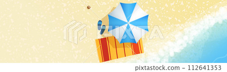 Sand beach top view with sun shade and towel Sand beach top view with sun shade and towel 112641353