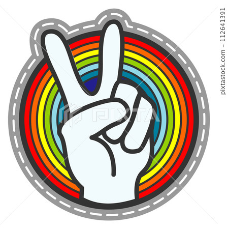 Hippie patch. Peace finger gesture on colorful circle 112641391