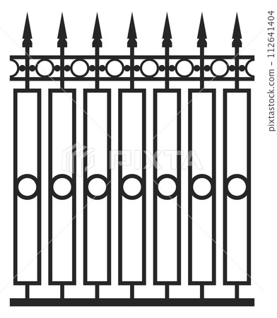 Metal fence with decorative ornament. Iron black lattice 112641404