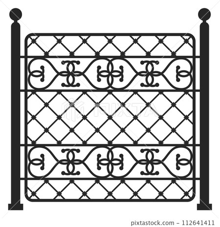 Street fence. Decorative vintage metal lattice gate Street fence. Decorative vintage metal lattice gate 112641411