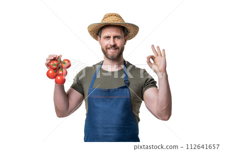 man in apron and hat with tomato vegetable isolated on white. ok 112641657