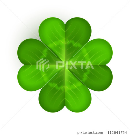 Realistic shamrock icon. Clover four leaves logo. Green floral sticker 112641734