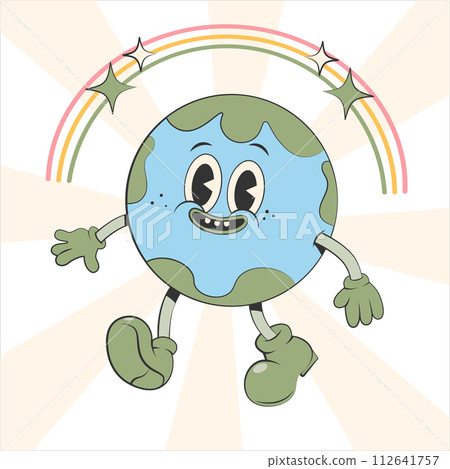 Happy cute Earth planet character.Simple retro cartoon mascot for poster, banner, graphic print.Y2k groovy earth day, Save green planet and ecology concept. Vector illustration EPS 10 112641757