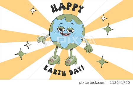 Happy cute Earth planet girl character.Simple retro cartoon mascot for poster, banner, graphic print.Y2k groovy earth day, Save green planet and ecology concept. Vector illustration EPS 10 Happy cute Earth planet girl character.Simple retro cartoon mascot for poster, banner, graphic print.Y2k groovy earth day, Save green planet and ecology concept. Vector illustration EPS 10 112641760