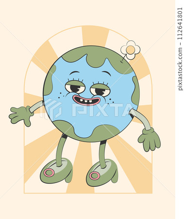 Happy cute Earth planet girl character.Simple retro cartoon mascot for poster, banner, graphic print.Y2k groovy earth day, Save green planet and ecology concept. Vector illustration EPS 10 Happy cute Earth planet girl character.Simple retro cartoon mascot for poster, banner, graphic print.Y2k groovy earth day, Save green planet and ecology concept. Vector illustration EPS 10 112641801