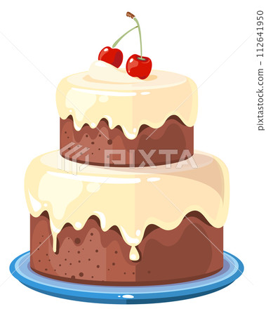 Wedding cake with cherry. Cartoon chocolate pastry Wedding cake with cherry. Cartoon chocolate pastry 112641950