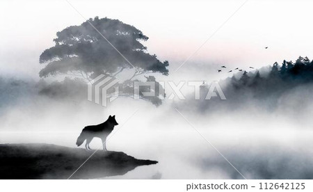 晨霧中湖邊的孤狼 112642125
