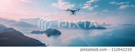 Closeup drone taking view of mountains and sea. Closeup drone taking view of mountains and sea. 112642250
