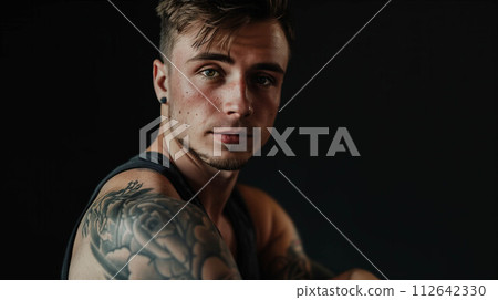 Caucasian man has tattoos on his body on black background. 112642330