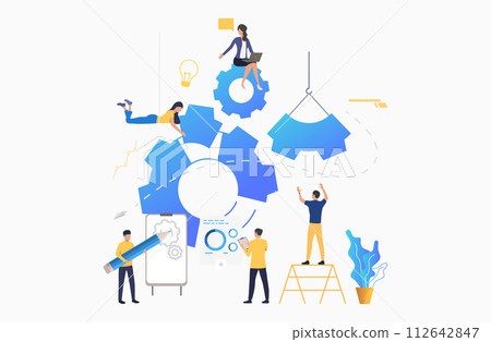 Business team putting in motion cogwheels Business team putting in motion cogwheels 112642847