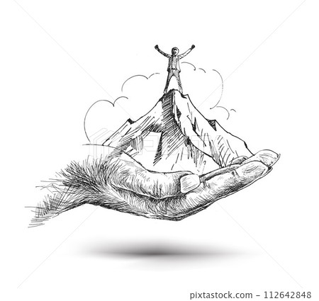 Climber with flag conquering top of mountain on hand 112642848