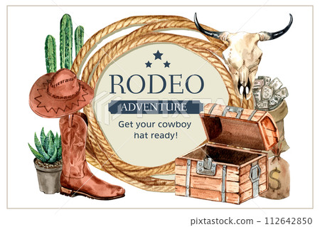 Cowboy frame with rope, cactus, boots, hat, skull, money 112642850