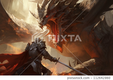 Knight fights with dragon by Generative AI Knight fights with dragon by Generative AI 112642860