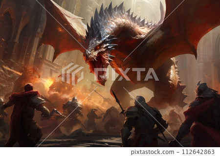 group of Knights fights with large dragon by Generative AI 112642863