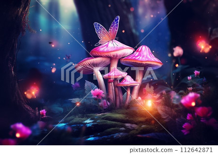Fairytale illustration of glowing mushrooms in a fantasy forest by Generative AI 112642871